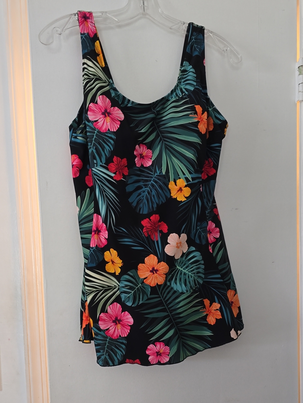 Black Tropical Floral Bathing Suit with Pink & Orange Blooms